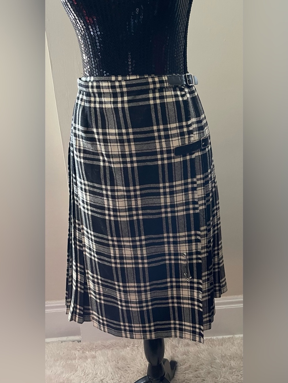 Browns Of Bermuda Plaid Black & White Kilt Wrap Skirt